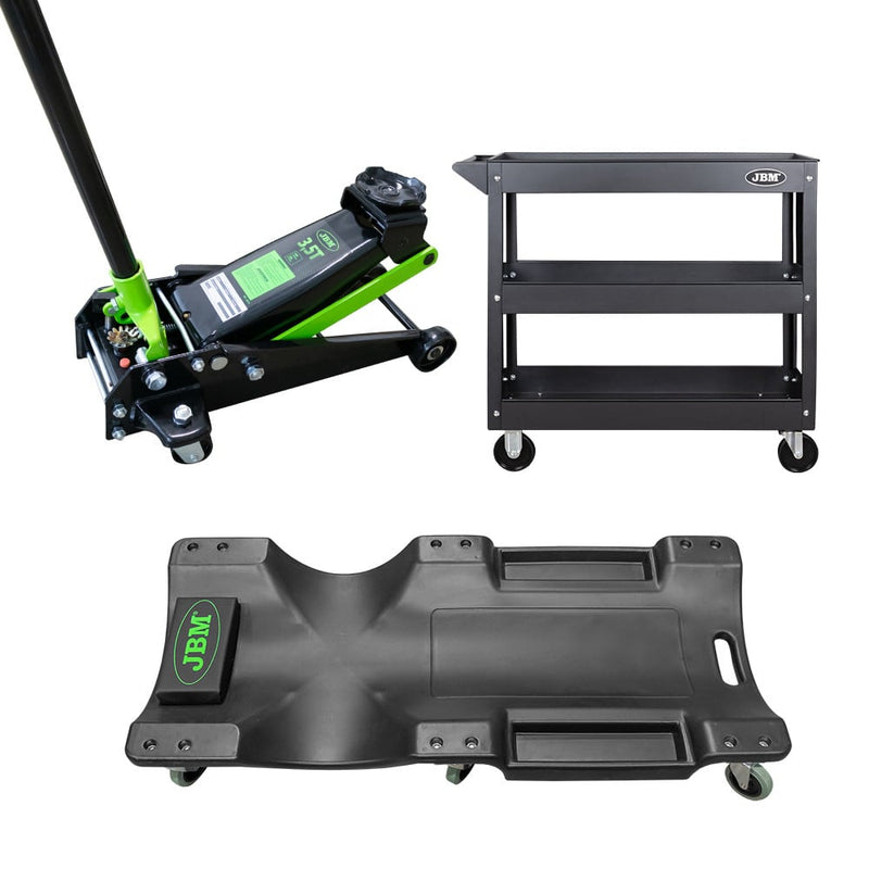 JBM (SÉRIE 436) Macaco hidráulico de 3,5 toneladas para serviço pesado 50818 + Macaco mecânico 52148 + Carrinho de 3 níveis 51576