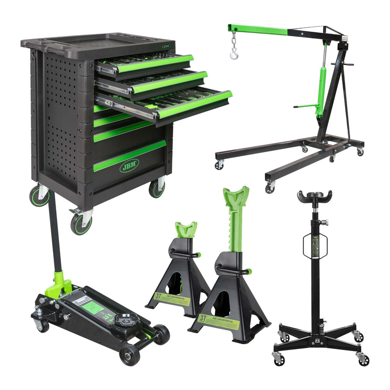 JBM (SÉRIE 444) 53904 Armário Verde + 50831 Grua de 2 Toneladas + 50818 Macaco Hidráulico de 3,5 Toneladas + 53779 2 Cavaletes de 3 Toneladas + 54001 Macaco Hidráulico