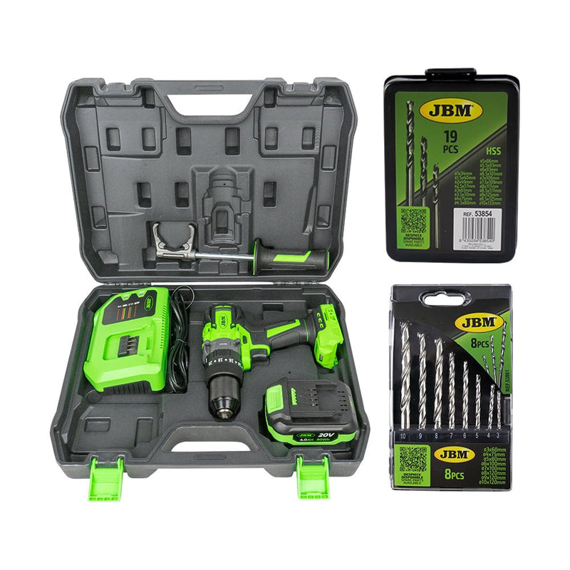 Berbequim de impacto de dupla velocidade JBM (SÉRIE 450) 60047c + Jogo de brocas para alvenaria 53861 + Broca HSS métrica 53854