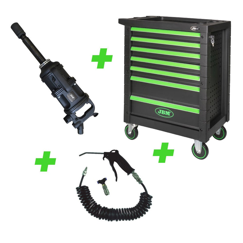 JBM (SÉRIE 452) 52814 Chave de Impacto Pneumática para Camiões + 54240 Carrinho de Ferramentas com Gavetas para Camiões + 52381 Pistola de Ar