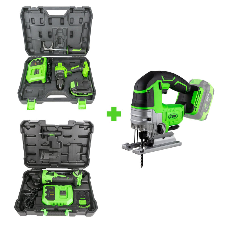 JBM (SÉRIE 461) 60047c Berbequim de Impacto de Dupla Velocidade + 60049c Rebarbadora Angular sem Escovas + 60010 (Brinde)