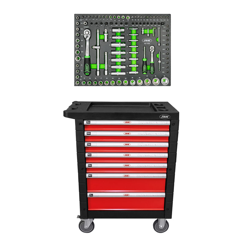 Carro de herramientas de 7 cajones JBM (SERIE468R) - Rojo - Vacío + Bandeja de herramientas con juego de vasos de 108 piezas 14296y