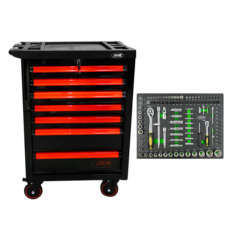 Carro portaherramientas JBM (SERIE 469) 53766 de 7 cajones - Rojo - Vacío + Bandeja portaherramientas con juego de 108 piezas de llaves de vaso 14296y - Amarilla