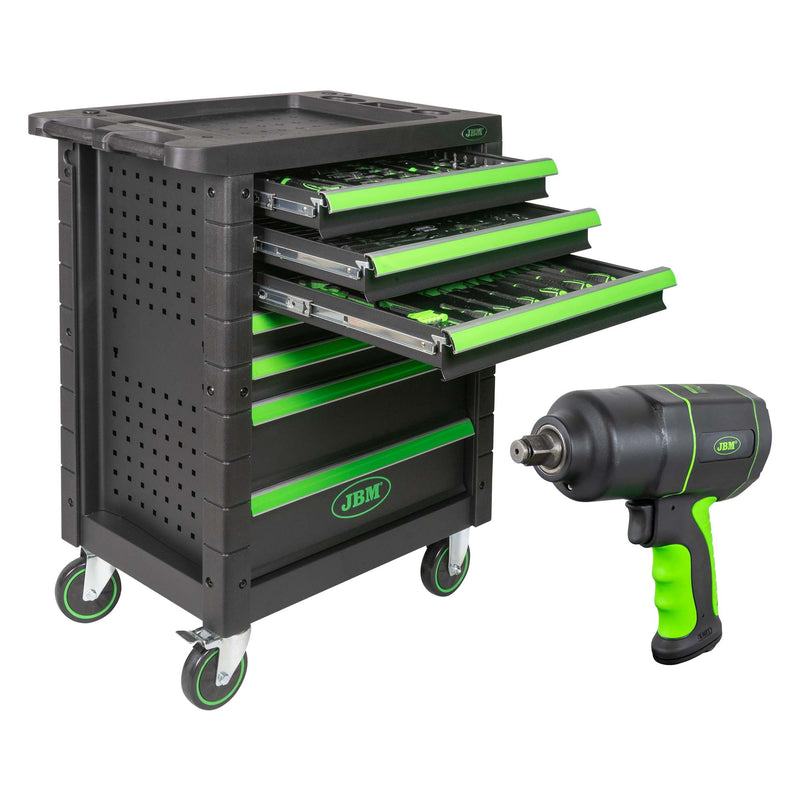 Llave de impacto JBM (SERIE 476) 53608 de 1/2" y 1200 Nm + Carro portaherramientas de 7 cajones 53904
