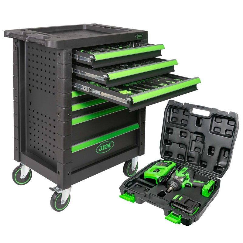 Llave de impacto sin escobillas JBM (SERIE 477) 60044c de 1/2" y 1300 nm + Carro portaherramientas de 7 cajones 53904