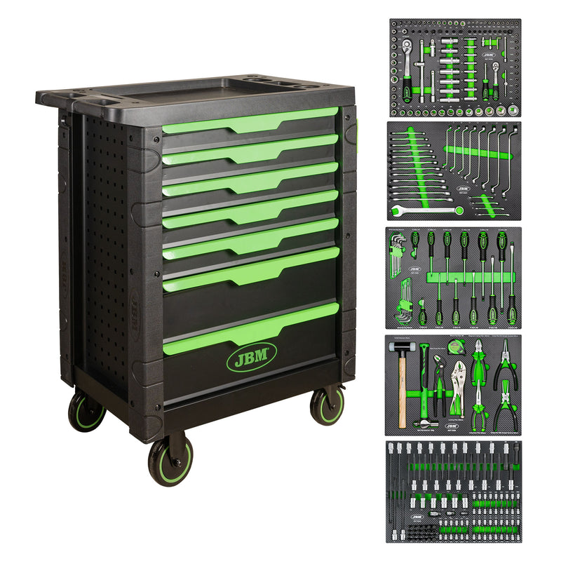 Carro de herramientas JBM (SERIE489) de 7 cajones, color verde, equipado con 276 piezas
