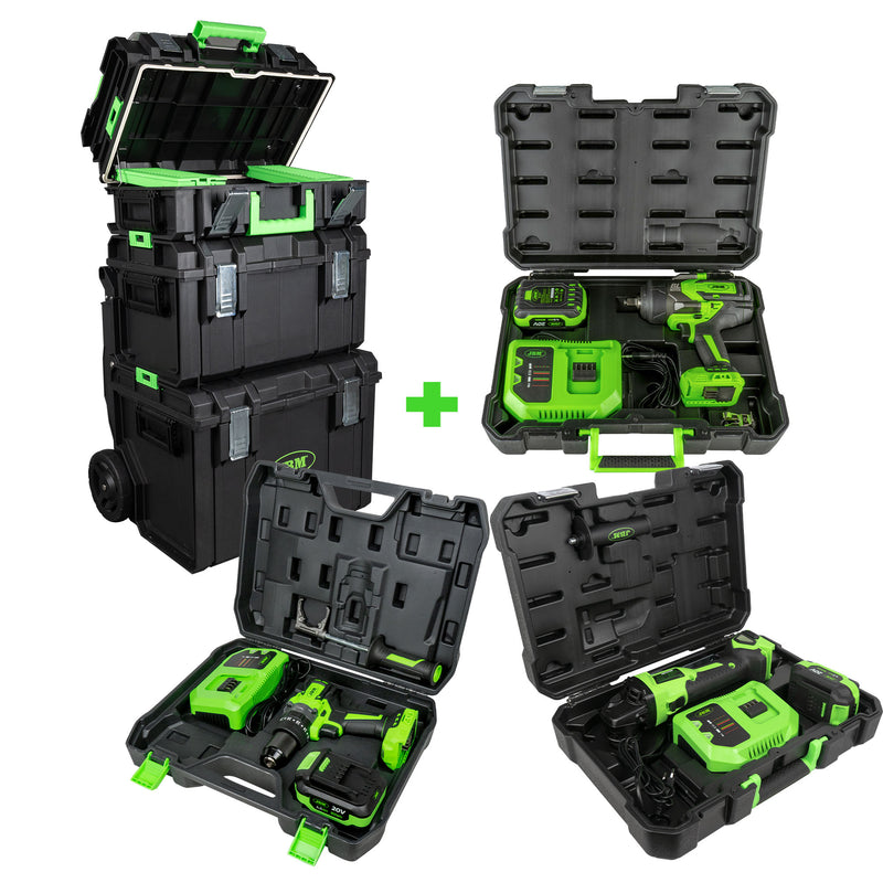 JBM (SERIE492) Modular Trolley + Brushless Angle Grinder + Double Speed Impact Drill + 1/2 Impact Wrench