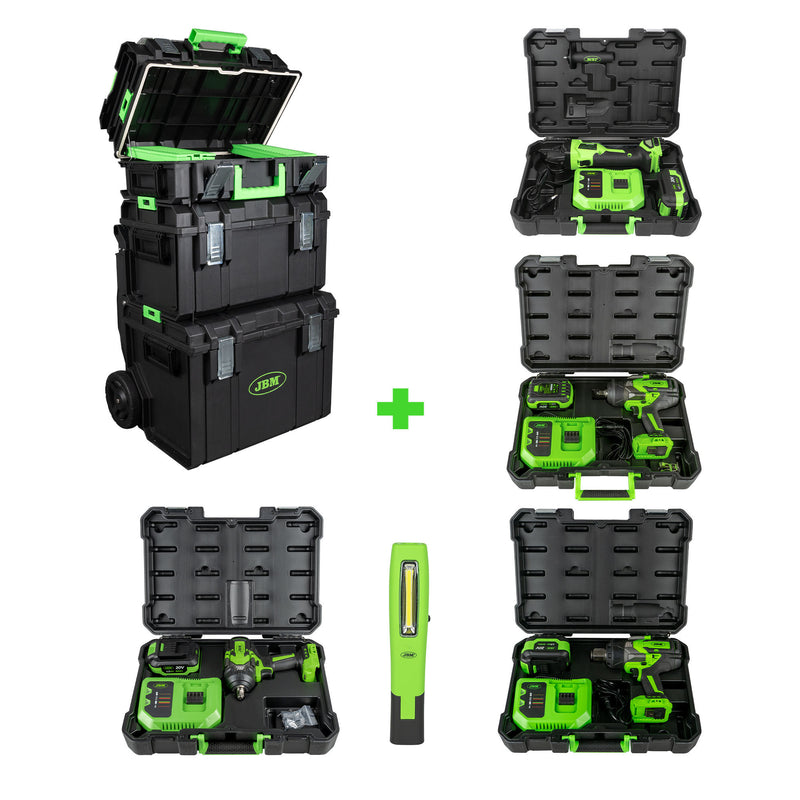 Chave de impacto JBM (SÉRIE 493) 1/2" 800nm + 1/2" 1300nm + 1" 2300nm + 1/2" 1000nm + Luz LED portátil + Carrinho