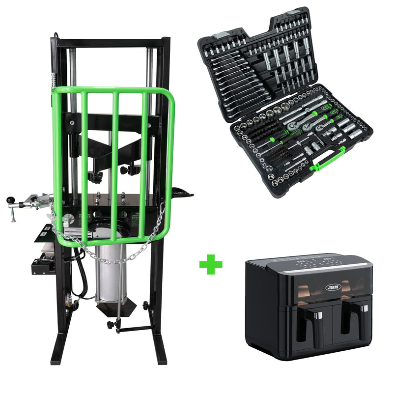 Compressor de mola amortecedor pneumático JBM (SERIE494F) 1T + caixa de ferramentas de 216 peças + fritadeira