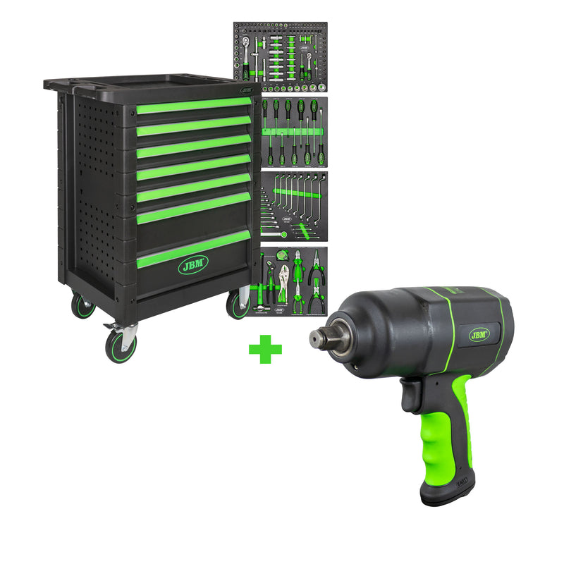 JBM (SERIE495) 7 Drawer Tool Trolley - Green - Tools Included + Impact Wrench 1/2" 1200nm