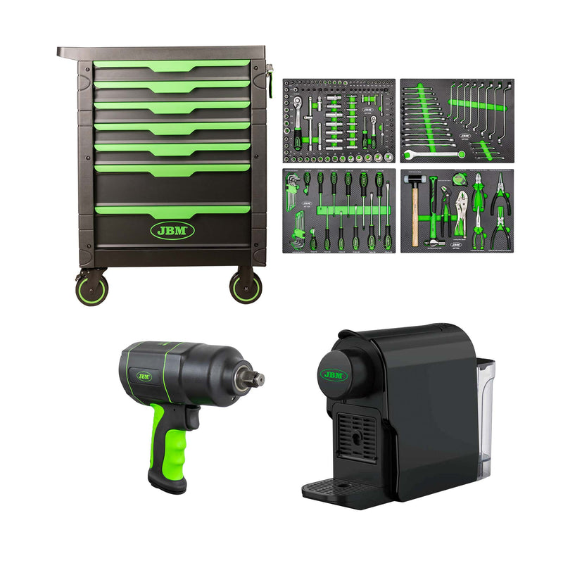 JBM (SERIE495E) 7 Drawer Tool Trolley - Green - Tools Included + Impact Wrench 1/2" 1200nm + Capsule Coffee Maker