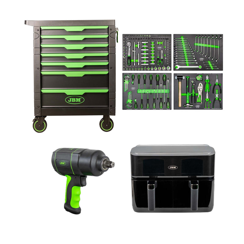 JBM (SERIE495F) Tool Cart with 7 Drawers - Green + 1/2" Impact Wrench 1200nm + Air Fryer