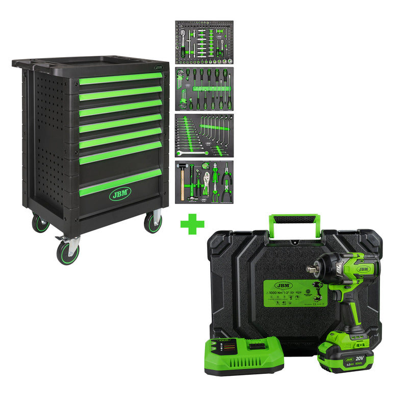 JBM (SERIE497) 7 Drawer Tool Trolley - Green - Tools Included + 1/2" 1000nm Brushless Impact Wrench