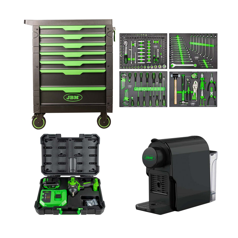 JBM (SERIE497E) 7 Drawer Tool Trolley - Green - Tools Included + 1/2" 1000nm Brushless Impact Wrench