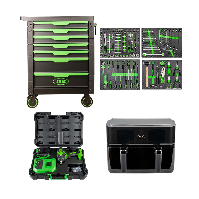 JBM (SERIE497F) Tool Cart with 7 Drawers - Green + 1/2" 1000nm Brushless Cordless Impact Wrench