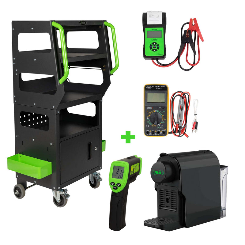 JBM (SERIE499E) Diagnostic Trolley + Battery Tester With Printer + Digital Multimeter + Laser Thermometer
