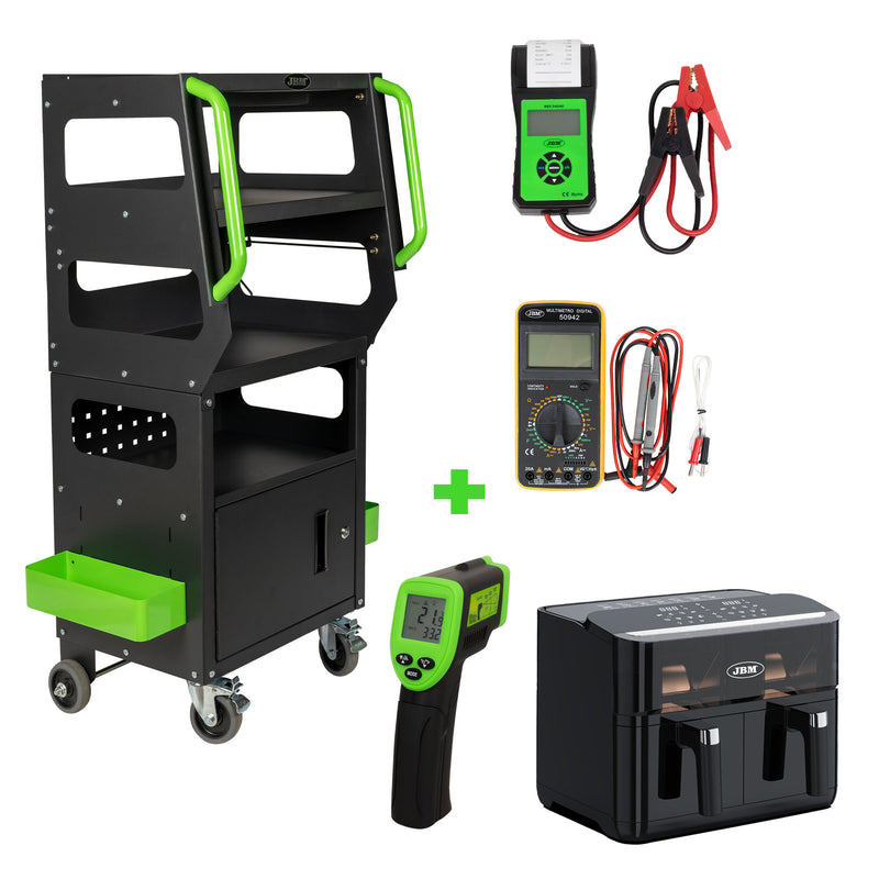 JBM (SERIE499F) Diagnostic Cart + Battery Tester with Printer + Digital Multimeter + Thermometer