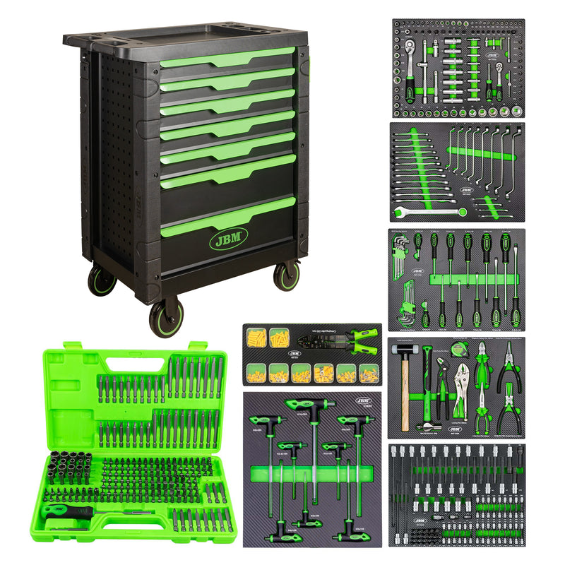 JBM (SERIE520) 53904 7 Drawer Tool Trolley Green Equipped with 493 Pieces
