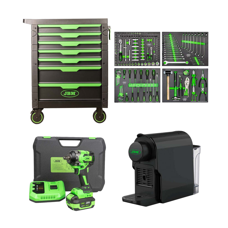 Carrinho de ferramentas JBM (SÉRIE 531E) com 7 gavetas, ferramentas incluídas + chave de impacto sem fios sem escovas de 1/2" e 800 Nm (60046c)