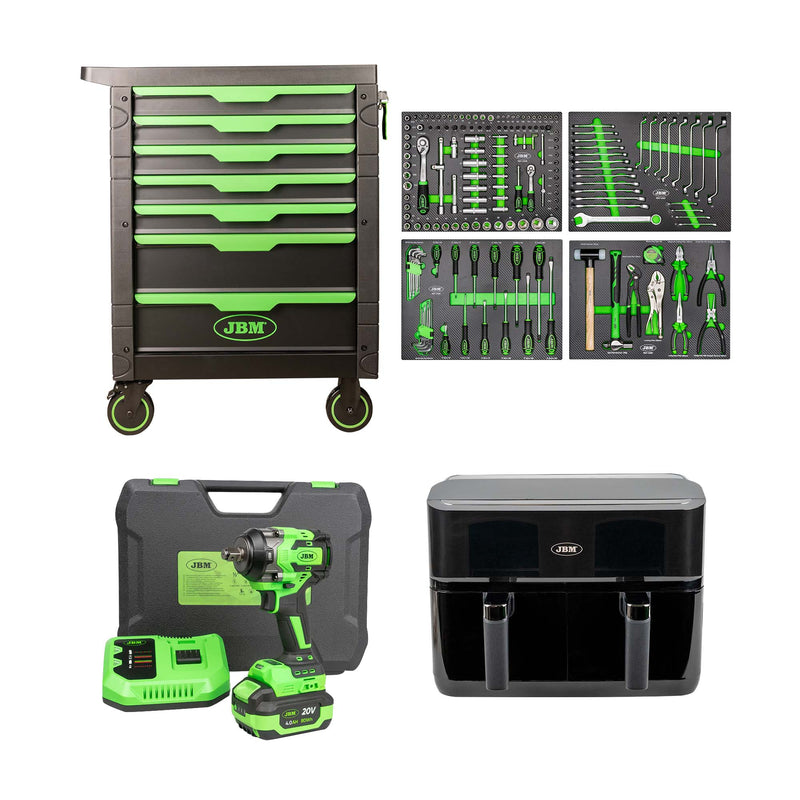Carrinho de ferramentas JBM (SERIE531F) com 7 gavetas + chave de impacto sem fios 60046c 1/2" 800 nm com estojo