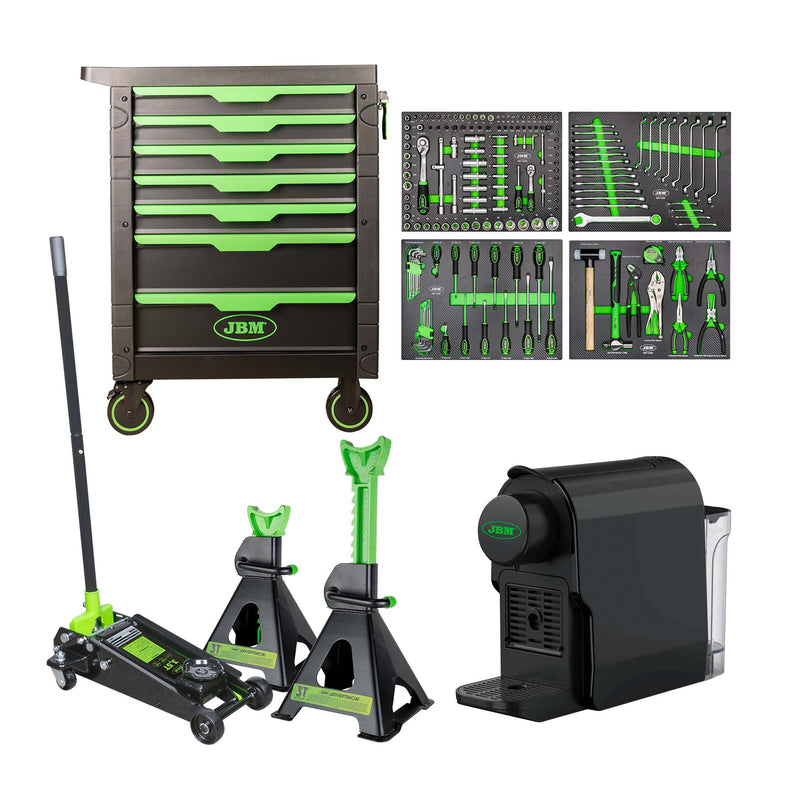 Carrinho de ferramentas JBM (SÉRIE 532E) com 7 gavetas, ferramentas incluídas + Macaco hidráulico reforçado 50818 de 3,5 toneladas + 53779