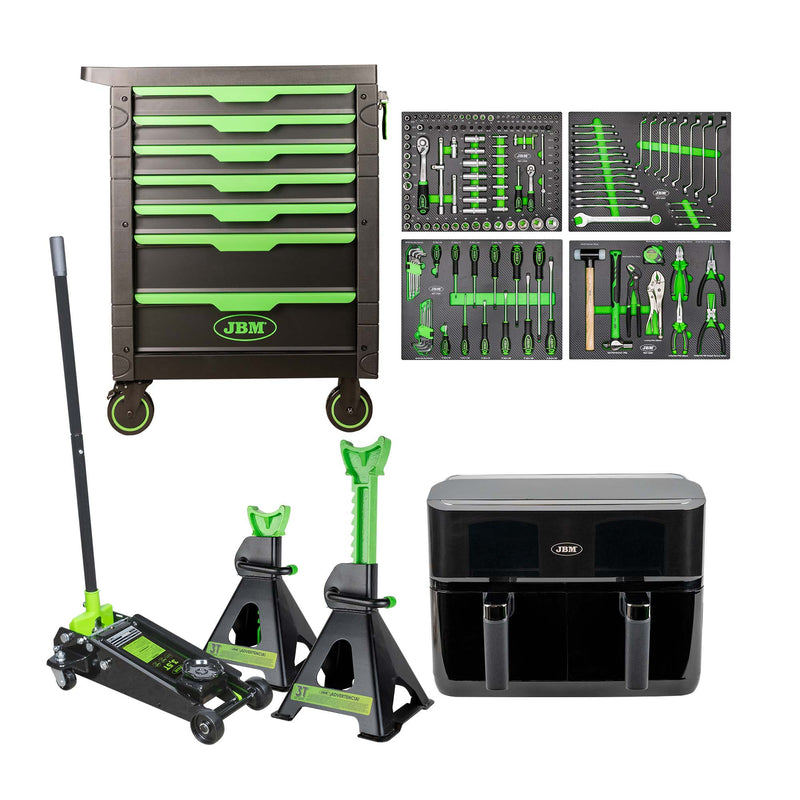 Carro de ferramentas JBM (SERIE532F) com 7 gavetas - Verde + 50818 Macaco hidráulico com rodas 3,5T + 53779