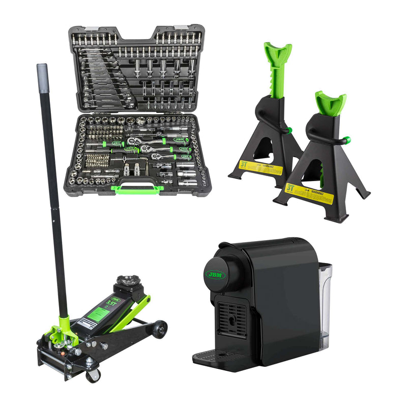 JBM (SÉRIE 533E) 54045 Conjunto de 216 peças com soquetes sextavados e chave de roquete + 50818 Macaco hidráulico de 3,5 toneladas + 53779