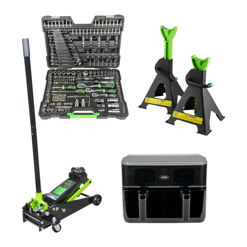 JBM (SERIE533F) 54045 Caixa de Ferramentas 216 Peças + 50818 Macaco Hidráulico com Rodas 3,5T + 53779