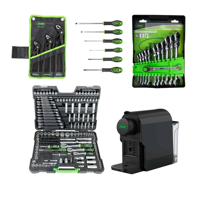 JBM (SÉRIE 536E) 51318 Conjunto de 12 chaves + 54045 Conjunto de 216 soquetes sextavados + 53483 Conjunto de 3 alicates + 54070