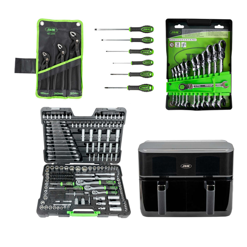 JBM (SÉRIE 536F) 51318 Conjunto de 12 chaves + 54045 Conjunto de 216 soquetes sextavados + 53483 Conjunto de 3 alicates + 54070