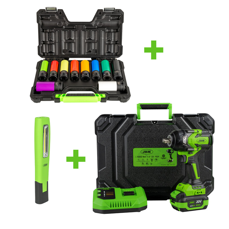 Chave de impacto sem escovas JBM (SERIE539) de 1/2" e 1000 Nm + Conjunto de 10 tomadas de impacto de 1/2" + Lanterna LED portátil