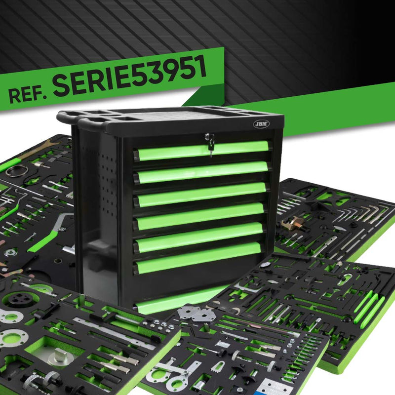 JBM (SERIE53951) Serie53951 7 Drawer Tool Trolley - Green - Timing Tool Set Included