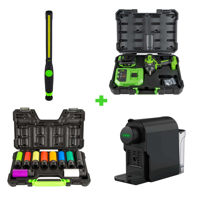 JBM (SÉRIE 540E) Conjunto de 10 Casquilhos de Impacto de 1/2" + Chave de Impacto sem Escova de 1/2" e 1000 Nm + LED COB + Cafeteira