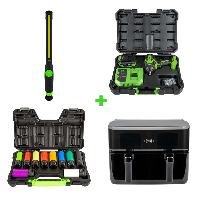 JBM (SERIE540F) Kit de 10 Chaves de Impacto de 1/2" + Chave de Impacto + Luz de Trabalho - 400lm + Fritadeira