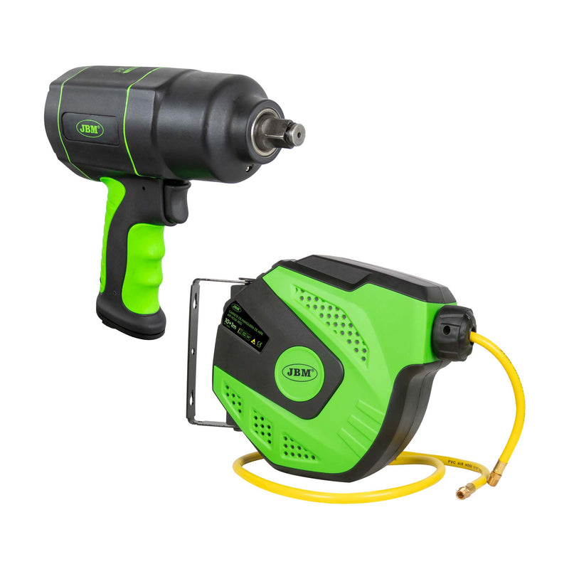 JBM (SERIE541) 53608 Impact Wrench 1/2" 1200nm + 53882 11m Air Hose Reel With Retractable - Green