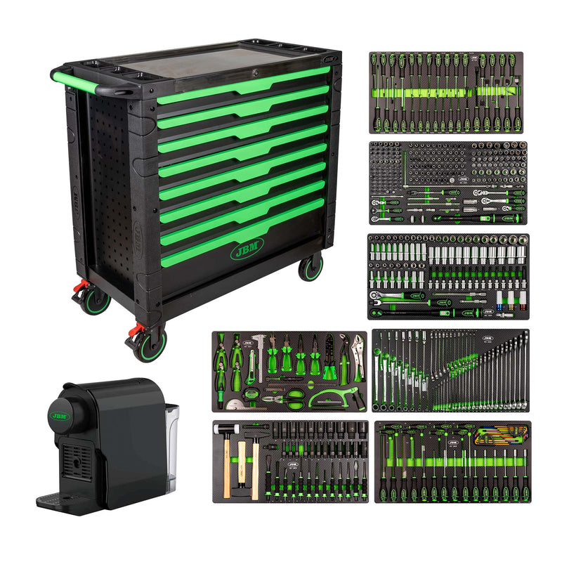 Carrinho de ferramentas JBM (SERIE54688E) tamanho XL com 8 gavetas, montado com 468 peças + máquina de café.