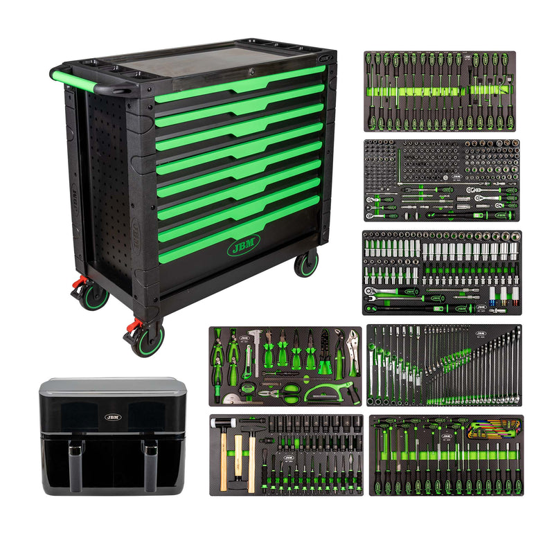 Carrinho de ferramentas XL com 8 gavetas montado JBM (SERIE54688F) com 468 peças + fritadeira a ar