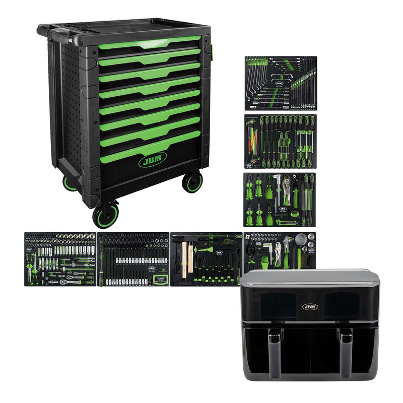 Carrinho de ferramentas JBM (SERIE54718F) com 8 gavetas, montado com 289 peças + fritadeira pneumática