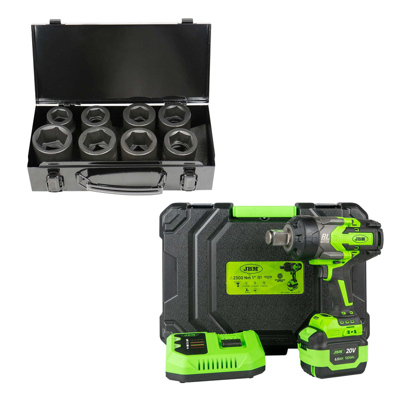 Llave de impacto inalámbrica sin escobillas JBM (SERIE550) 60050c de 1" y 2300Nm con maletín + juego de 8 vasos de impacto de 1" 52348