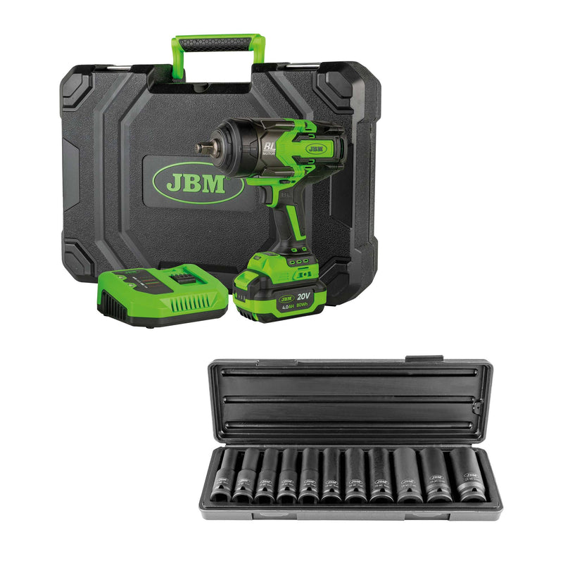 JBM (SÉRIE 555) 60044c Chave de Impacto sem Escova de 1/2" 1300nm + 52342 Conjunto de 11 Tomadas de Impacto Hexagonais de 1/2"