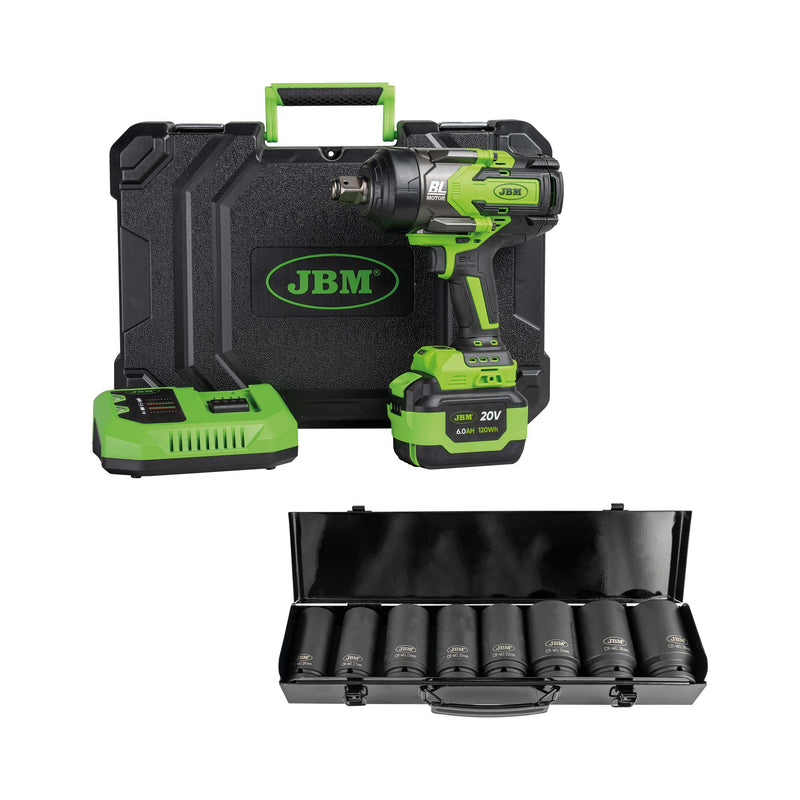 JBM (SÉRIE 556) 60048c Chave de Impacto Sem Fios Brushless 3/4" 1300nm + Jogo de Tomadas de Impacto 52347 com 8 Peças 3/4"