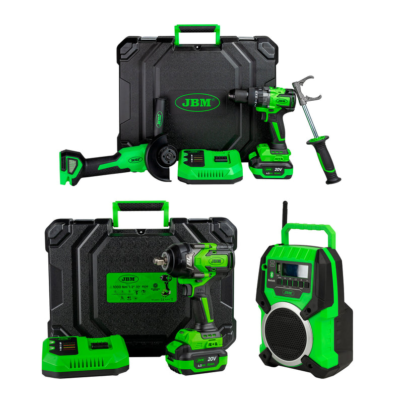JBM (SÉRIE 566) 60053c Rebarbadora Angular sem Escovas 125mm e Berbequim de Impacto + 60051c Chave de Impacto + 60055 Rádio