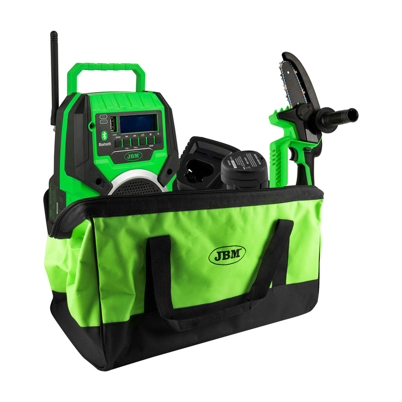 JBM (SÉRIE 570) 60056 Mini Motosserra 12V + 60055 Rádio + 60025 Carregador 12V + 60026 Bateria de iões de lítio 2,0 Ah + 53782 Bolsa