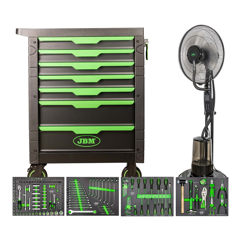 Carro portaherramientas de 7 cajones JBM (SERIE 574) 54389 - Verde + Ventilador nebulizador de agua 54125 de 75 W