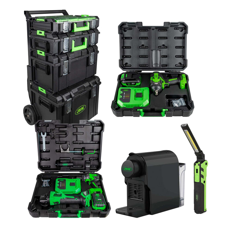Carro modular JBM (SERIE580E) + Llave de impacto de 1/2" y 1000 nm + Amoladora angular y taladro + Mini lámpara LED