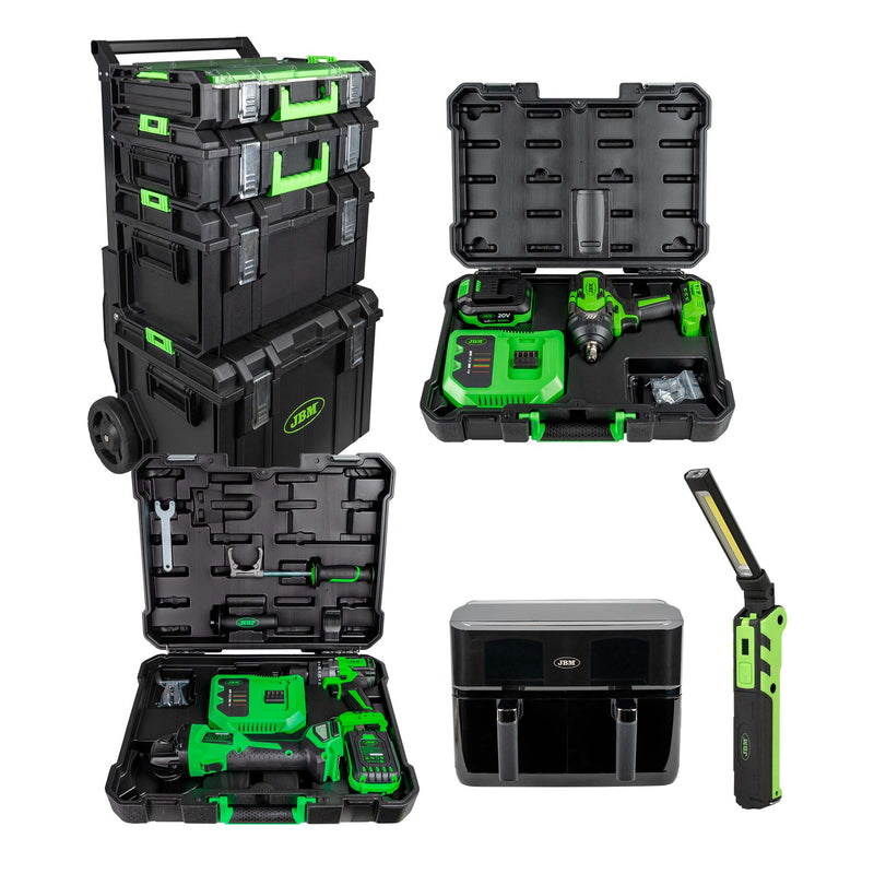 Carrinho modular JBM (SERIE580F) + chave de impacto de 1/2" 1000 nm + rebarbadora angular e berbequim + mini lâmpada LED