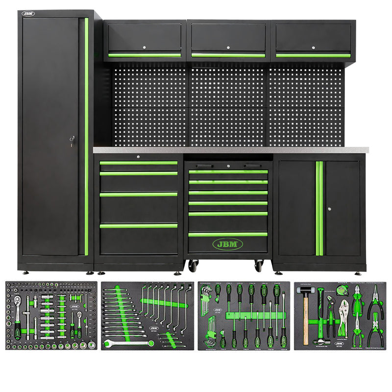 Sistema de armazenamento modular para oficina JBM (SERIE588) (18 peças) + conjunto com 4 bandejas de EVA com acabamento em fibra de carbono