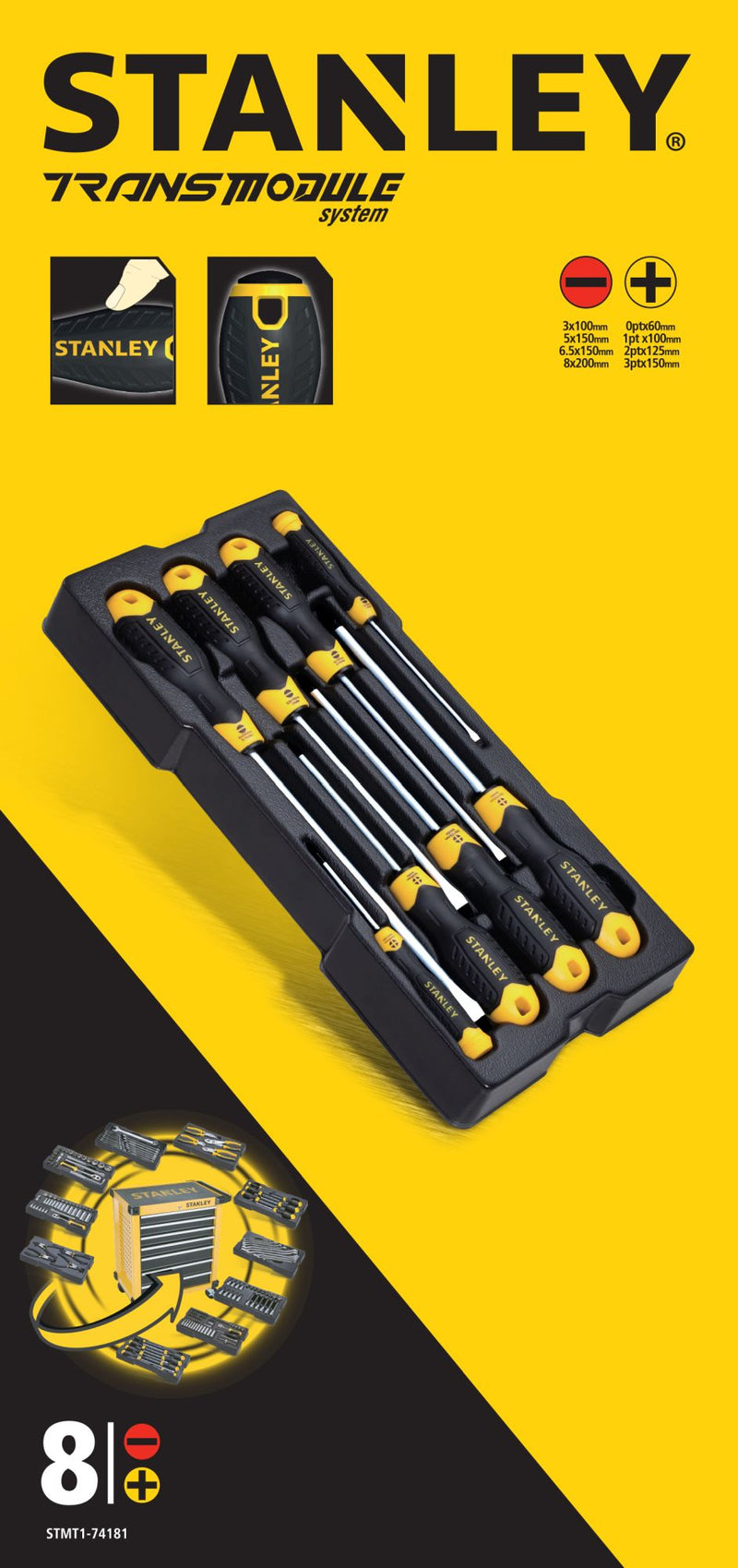 Stanley (STMT1-74181) SISTEMA TRANSMÓDULO Chave de fendas com punho almofadado, 8 peças.
