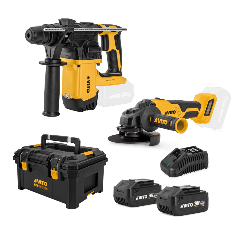 Vito (VIBCMPRBB4B6CSMM) Martelo Rotativo, 125mm Rebarbadora, 2 Batteries, Carregador e Case