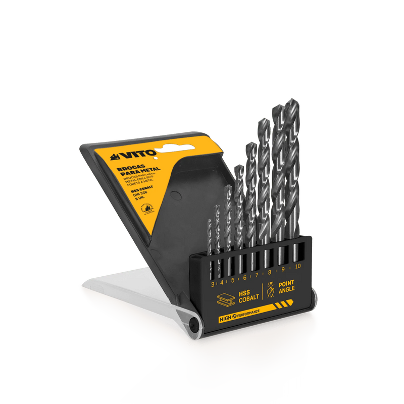 Conjunto de 8 brocas de cobalto HSS Vito (VIBHSSC8) (3, 4, 5, 6, 7, 8, 9, 10 mm)